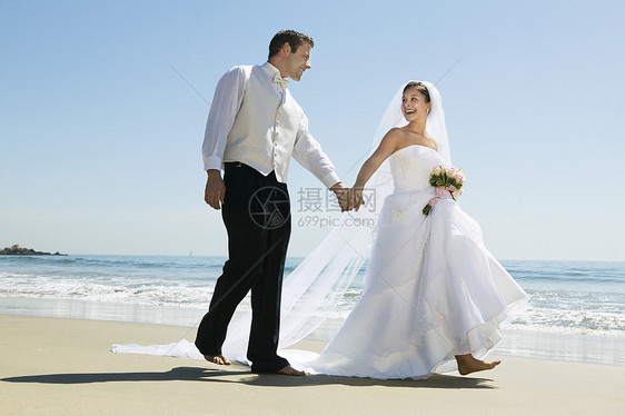 整群新婚夫妇在海滩上散步时手牵手新郎燕尾服男人男士幸福种族女性夫妻风俗双手图片