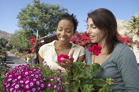 两位女性朋友在植物园里看花朵图片