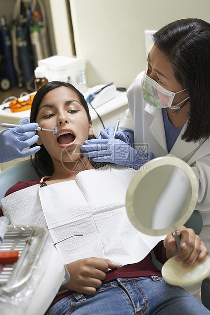 年轻女性在诊所接受牙科检查;图片