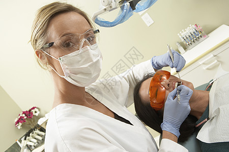 诊所女牙医治疗病人的肖像图;图片