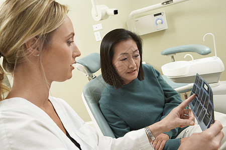 向一名女性病人提供牙齿X光检查报告的高加索牙医图片