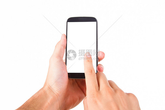 带空白屏幕的智能电话机动性触摸屏手势电子商业影棚展示技术手机手指图片