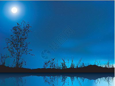 月亮升起夜色风景反射插图天空月光蓝色星星剪影辉光月亮场景插画