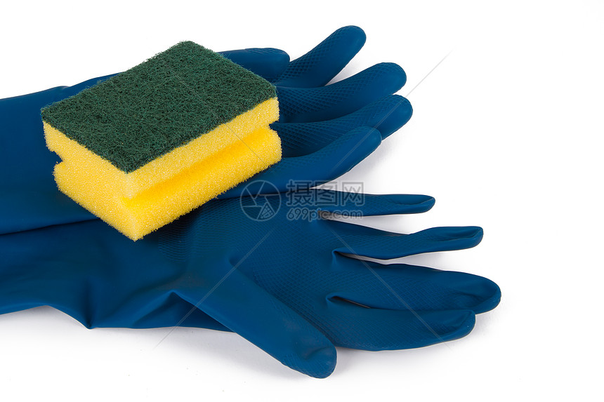 清洁用手套和海绵擦洗尼龙盘子补给品厨具打扫黄色塑料用具影棚图片