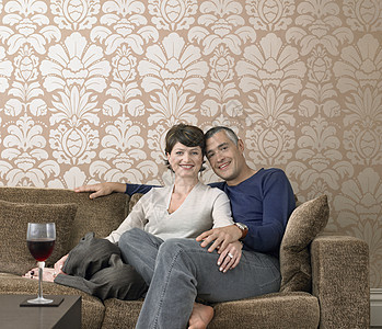 坐在沙发上的幸福情侣的肖像房子中年婴儿潮酒杯桌子成人墙纸女士男性夫妻图片