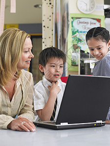 教师用笔记本电脑坐在教室桌上的书桌旁与儿童一起坐着的教师背景图片