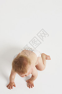 白色背景上爬行婴儿的高角角度视图图片