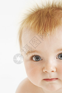可爱宝宝的特写肖像 长着姜黄头发 白背景被孤立好奇心蓝色眼睛工作室儿童婴儿皮肤孩子女孩白色图片