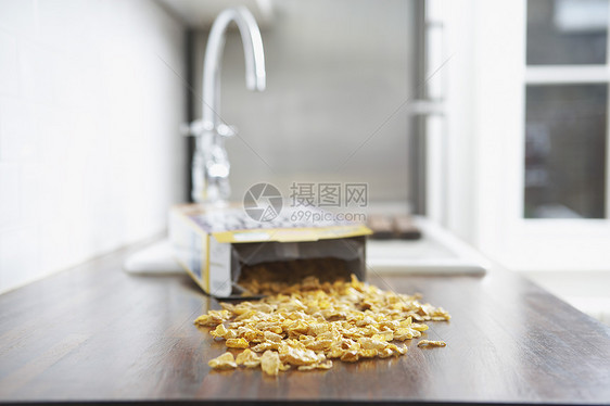 一些谷物倒在厨房柜台上图片