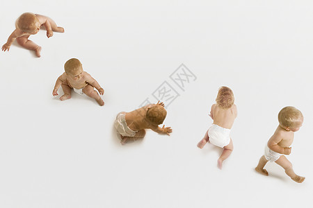 婴儿坐在 爬上和走在白色背景的一排婴儿中图片