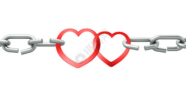 两颗红心连在一起的钢铁链礼物白色忠诚热情插图红色关节金子金属图片
