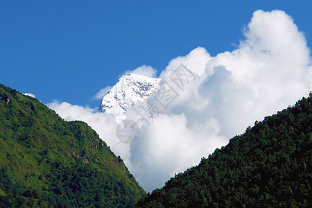 Annapurna山的景象 前往基地营地保护区高度全景冰川蓝色辉光环境天空农村顶峰森林图片