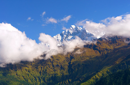 Annapurna山的景象 前往基地营地保护区风景农村天空顶峰环境森林蓝色高度全景旅行图片