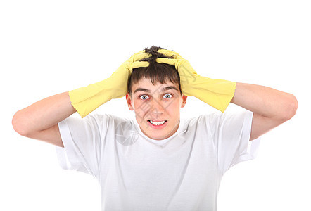 橡胶手套中麻烦的青少年黄色橡皮黑发头发白色失败工人整理男性小伙子图片