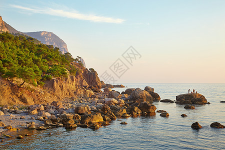 沿海风景蓝色天空远景悬崖荒野海岸森林丘陵土地晴天图片