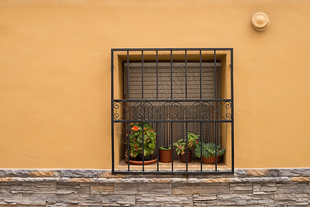 窗户住宅花朵格栅房子花盆窗台村庄水平背景图片