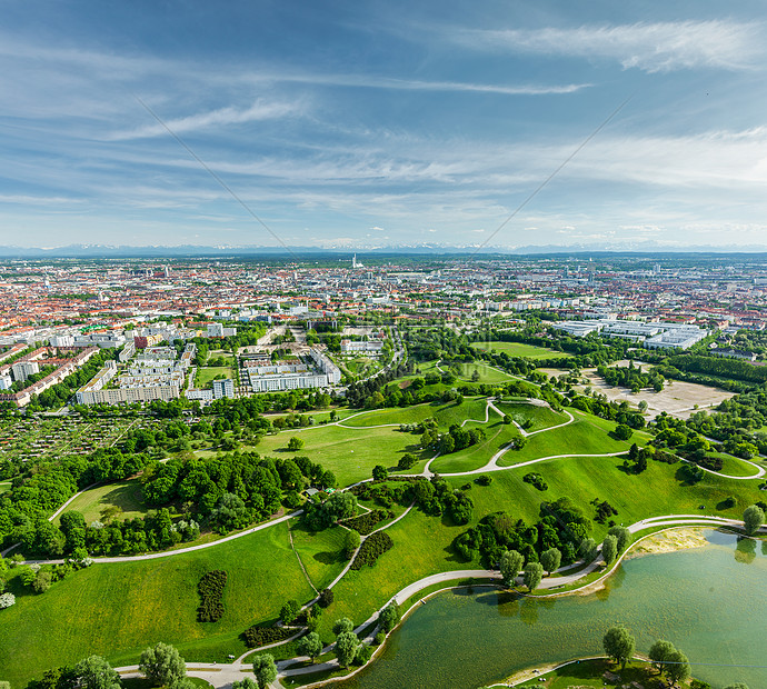 德国巴伐利亚慕尼黑奥林匹亚公园空中景象房子风景鸟瞰图建筑学建筑公园图片