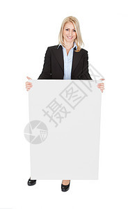 展示空板的勤奋女商务人士美丽商业金发横幅工人黑发推介会人士广告牌商务图片