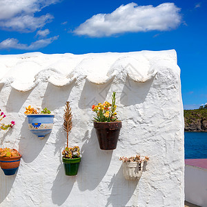 Balearic详细介绍的白屋花盆场景海洋房子假期支撑太阳旅行海景地标花朵图片