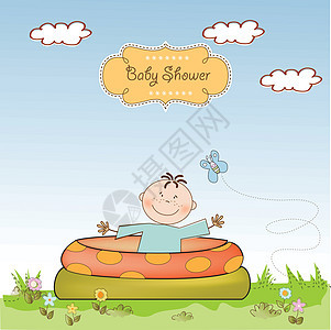 在一个小游泳池里洗澡 淋浴通知卡喜悦涂鸦周年婴儿乐趣插图艺术洗涤男生洗礼图片