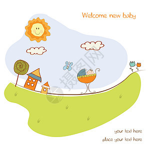 带有可爱婴儿车的婴儿淋浴卡绘画男生运输幸福蓝色孩子公告新生女孩生日图片