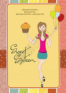 和年轻女孩一起的16岁生日甜卡乐趣邀请函派对蛋糕周年微笑纪念日气球展示女士背景图片