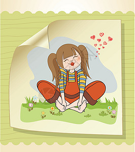 光脚坐在草地上的浪漫女孩女性国家恋爱季节公园女士插图微笑幸福青少年图片