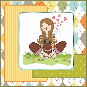 光脚坐在草地上的浪漫女孩微笑女士国家青少年赤脚女性女孩插图幸福公园图片