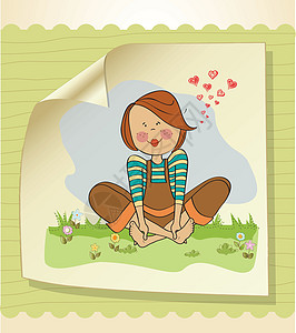 光脚坐在草地上的浪漫女孩插图公园赤脚女孩国家青少年微笑女性女士幸福图片