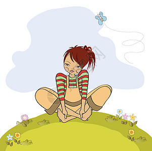 光脚坐在草地上的浪漫女孩赤脚青少年插图女性恋爱微笑国家季节幸福女士背景图片