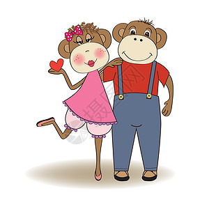 相爱的猴子夫妇荒野动物吉祥物礼物微笑幸福绘画插图艺术喜悦图片