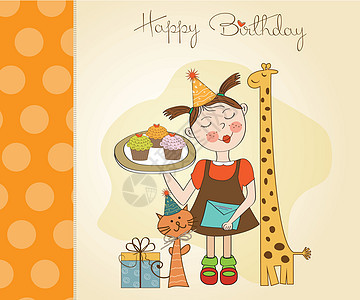 生日贺卡快乐 有有趣的女孩 动物和纸杯蛋糕装饰糖果风格奶油食物蜂蜜周年涂鸦面包派对图片