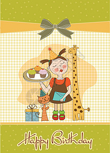 生日贺卡快乐 有有趣的女孩 动物和纸杯蛋糕周年派对糖果蜂蜜美食奶油面包风格面包师庆典图片