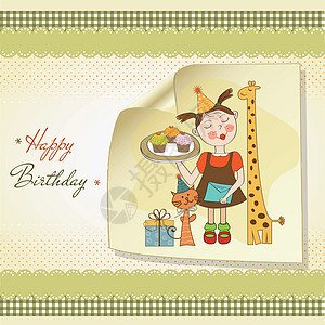 生日贺卡快乐 有有趣的女孩 动物和纸杯蛋糕巧克力面包甜点纪念日美食涂鸦周年装饰孩子们面包师图片