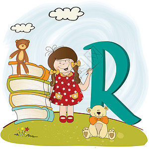儿童字母字母数玩具狮子女孩蓝色字体桌子卡通片插图学习拼写图片