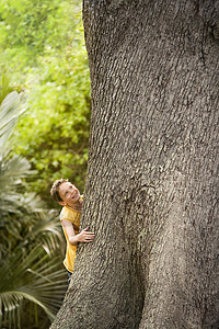 快乐的年轻男孩爬上大树的高角度视角图片