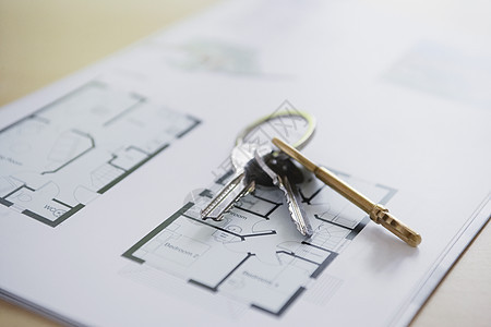 特写新家蓝图的密钥打印钥匙金属投资财产商业工程文档绘画住宅图片