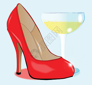 香槟和女士鞋皮革庆典法庭起泡红色艺术品鞋类艺术高跟鞋插图图片