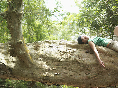一位年轻混合种族女子的侧面景象 她躺在森林中的大树枝上女士女性旅行睡眠眼睛头巾树干游客勘探冒险图片