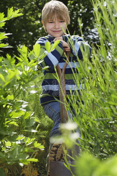 一个微笑的年轻男孩的肖像 被植物包围着图片