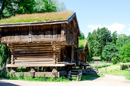 挪威传统木木木原木屋 屋顶上有草草图片