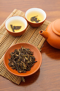 传统中国茶叶饮料木头工夫陶器草本植物文化食物飞碟叶子茶壶杯子图片
