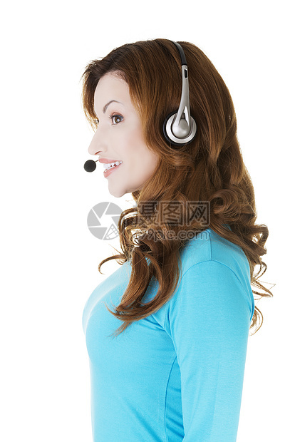 带耳机和麦克风的有吸引力的临时妇女顾问商务技术接待员求助销售量办公室代理人女孩助手图片