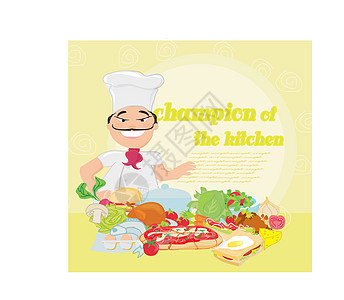 微笑的厨师和各种餐盘蔬菜插图帽子火鸡员工职业工作美食厨房烹饪图片