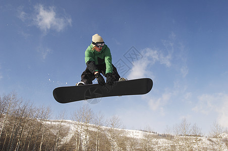 男性滑雪机跳过天空的低角度视图图片