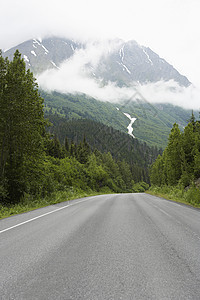 通往充满树木和云雾的山脉的空无道路 美国阿拉斯加背景图片