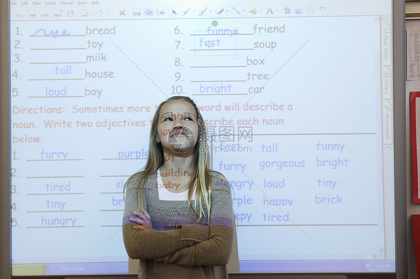 女学生站在她身后的课堂投影屏幕上站立教育享受文字学校女孩双臂瞳孔幸福青春期头发图片