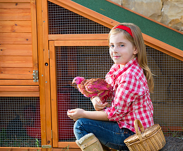 养鸡场有鸡鸡的农牧业女农民后院童年鸡笼篮子家禽幸福宠物动物微笑饲养员图片