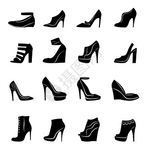 黑色高跟鞋一套16种现代女性鞋类模式插画