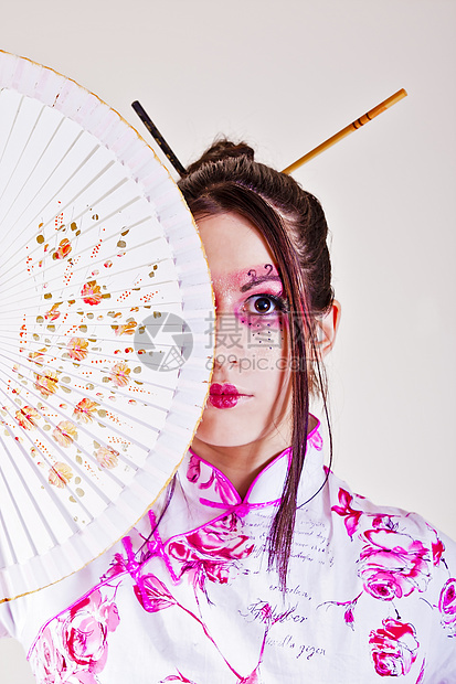 Geisha 传统构成化妆品和服扇子丝绸微笑戏服派对裙子艺妓女士图片